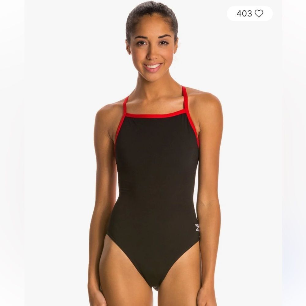 NWT New SPEEDO Solid Endurance+ Flyback Racing Swimsuit Black Red Trim 22